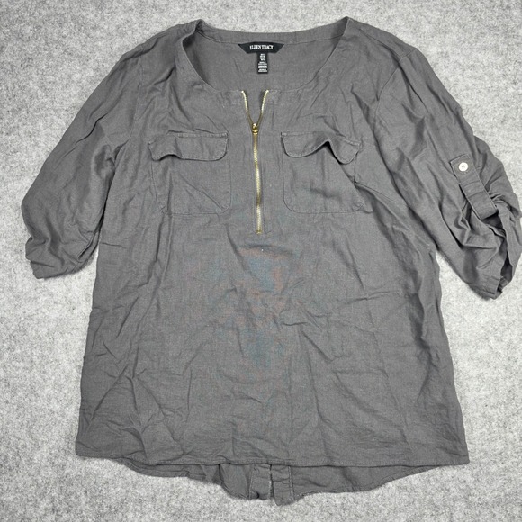 Ellen Tracy Tops - Ellen Tracy Blouse Women S Gray 3/4 Sleeve Zip Front Tassel Solid Gray Blouse